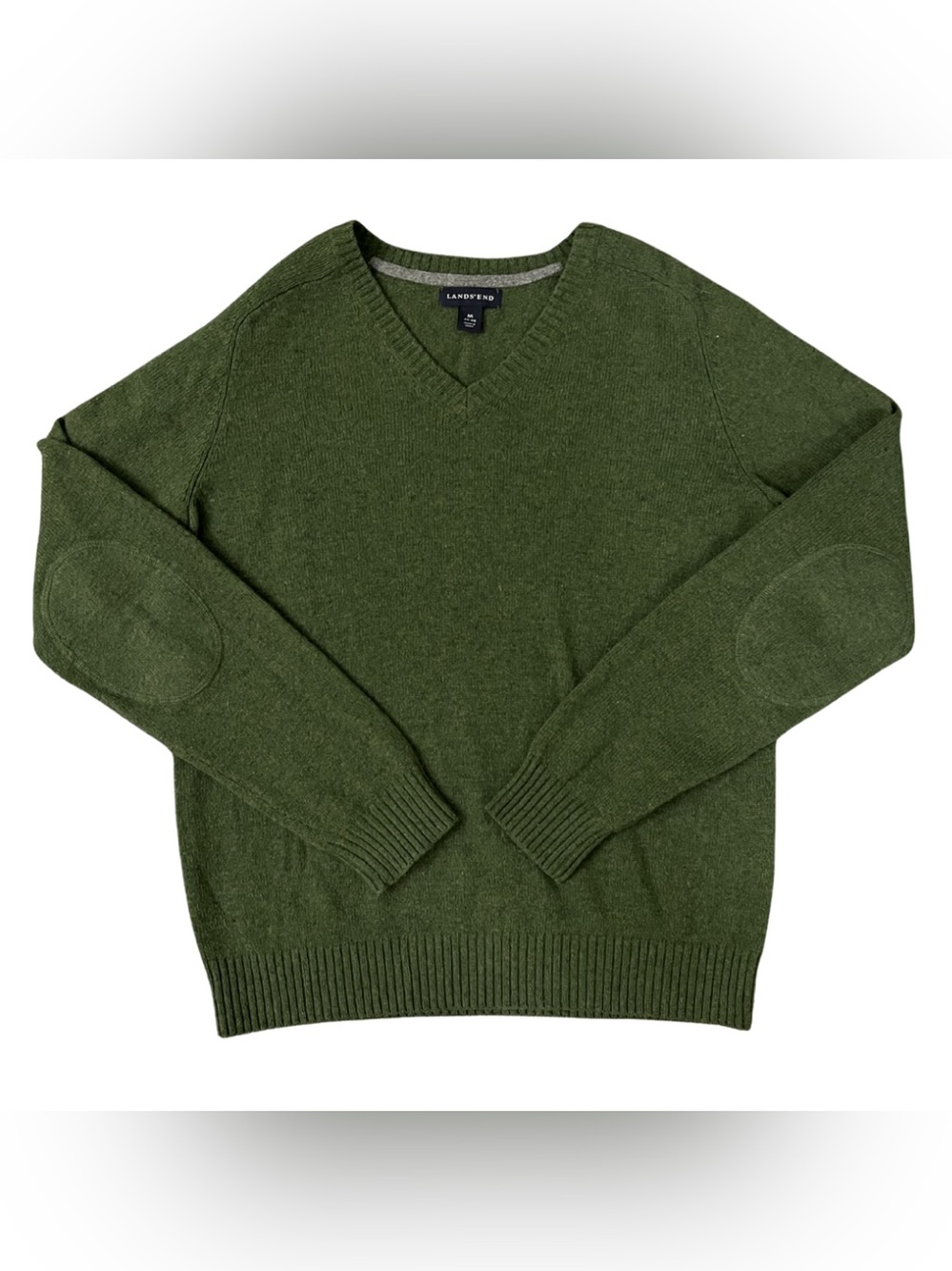 Lands End Mens Merino Wool Sweater Medium V-Neck Elbow Patch Preppy Golf Office